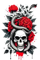 robot skull, snake wraps the skull, in the background leaves and flowers of peonies tattoo design idea
