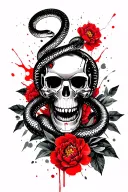 robot skull, snake wraps the skull, in the background leaves and flowers of peonies tattoo design idea
