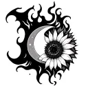 Flames, sunflower and half moon merging together tattoo design idea