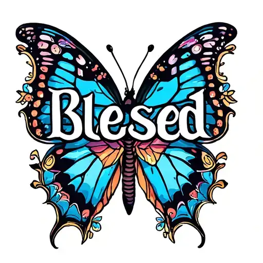 blessed text with little butterfly under it tattoo design idea