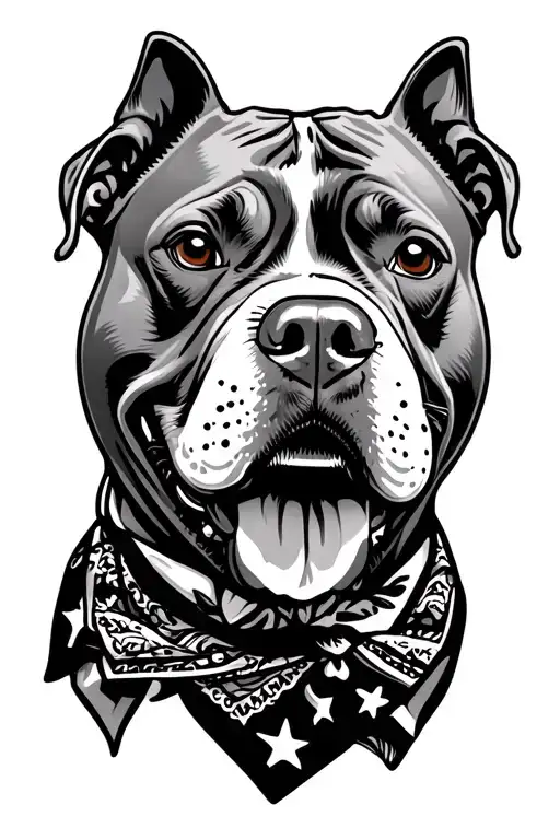 smiling pitbull wearing bandana around his neck line art tattoo design idea
