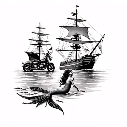 mermaid on the shore facing forward, pirate ship in the sea, motorcycle parked nearby tattoo design idea