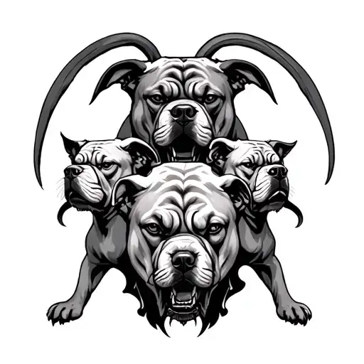 Three headed dog under the knee, theeths visible, agressive looking dogs, and under it Hades, the God of hell tattoo design idea
