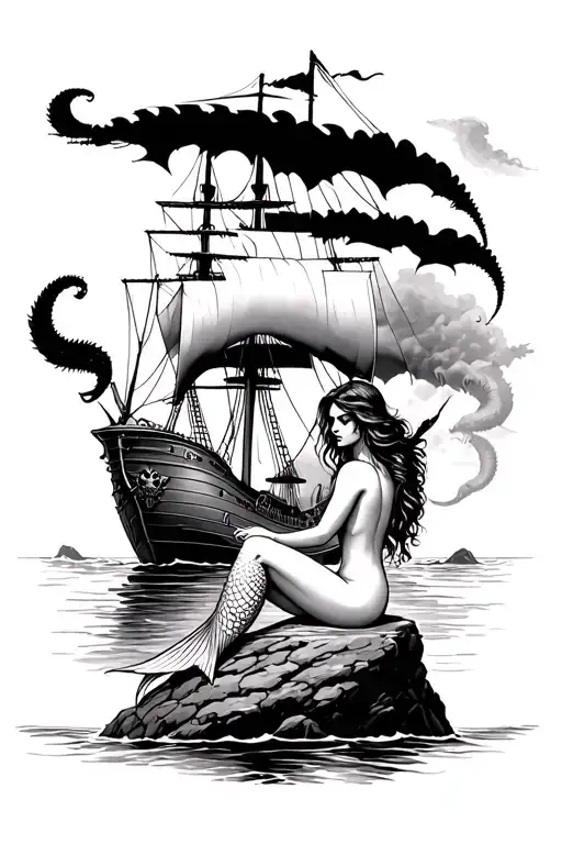 Classic siren mermaid sitting on a rock, watching an old school pirate ship get taken down by a kraken from a distance tattoo design idea