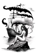 Classic siren mermaid sitting on a rock, watching an old school pirate ship get taken down by a kraken from a distance tattoo design idea