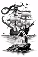 Classic siren mermaid sitting on a rock, watching an old school pirate ship get taken down by a kraken from a distance tattoo design idea