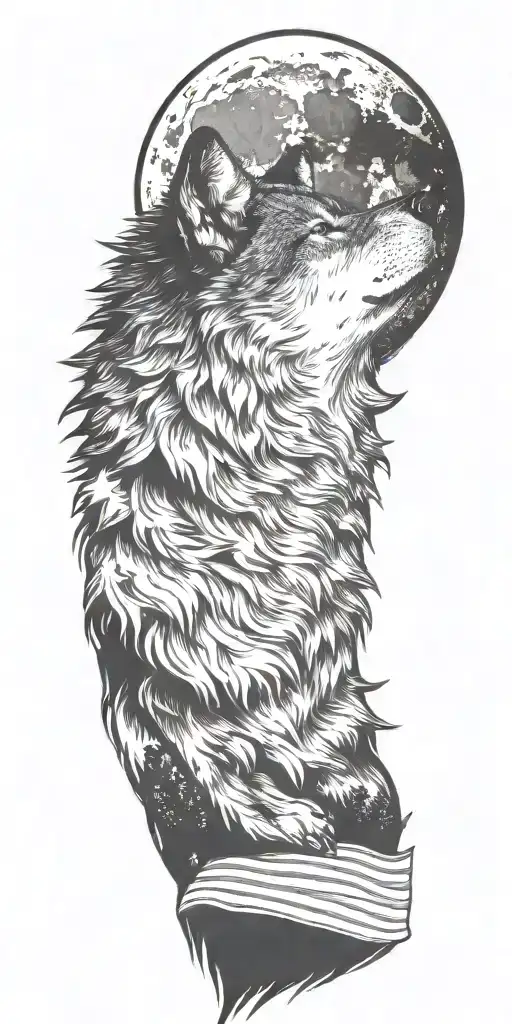 A black and grey image of a wolf howling at the moon with an American flag unfurling in the background tattoo design idea