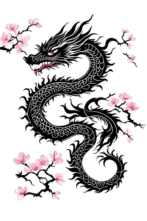 Chinese dragon with cherry blossom tree tattoo design idea