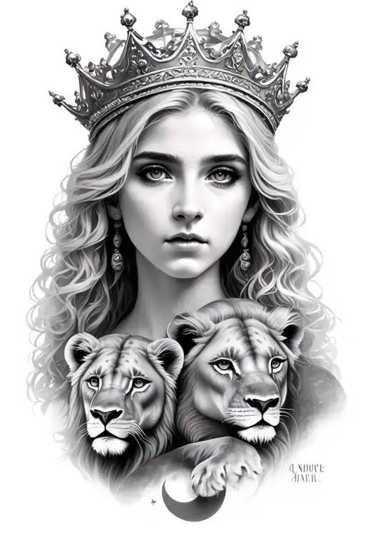 black & grey realism- beautiful greek goddess with light color hair, wearing crown, 2 baby lions and moon tattoo design idea