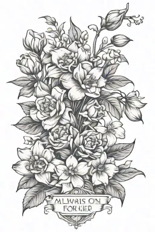always on my mind forever in my heart writing in the stem of a flower bouquet with flowers primrose and narcissus tattoo design idea