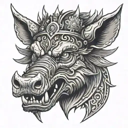boar head on armor wearing a crown with blue eyes mouth open and tusks showing tattoo design idea