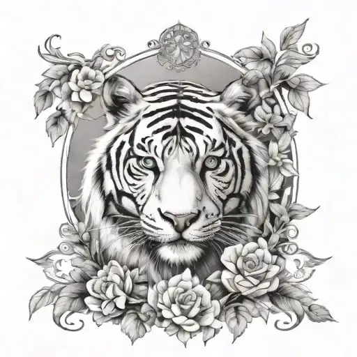 Soft nature motifs of delicate flowers and foliage forming a frame around a majestic white tiger and an elegant snake in a serene forest setting tattoo design idea