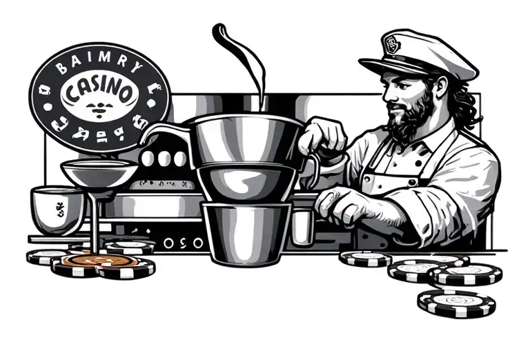 Seafarer, casino chips and barista pouring latte art tattoo design idea
