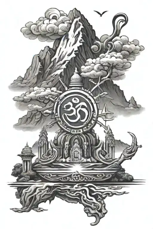 Draw just a hindu trident coming down from mount kailash surrounded by nature with an om symbol on the bottom tattoo design idea
