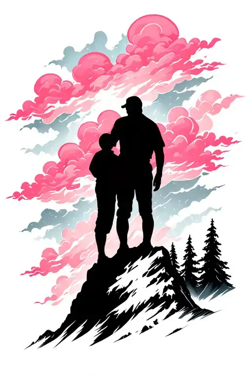 A tattoo of a father and child silhouette standing on a mountain peak, with pink clouds swirling around them, symbolizing the client's role as a dad and his connection to the natural world tattoo design idea