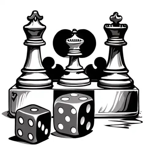 cards with chess pieces on them with 2 dice in front tattoo design idea