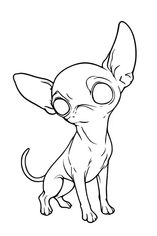 Chihuahua with ears a raise and a lowered and the pork curved tail with long hair tattoo design idea