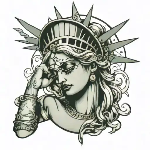lady liberty wearing blindfold covering her eyes tattoo design idea