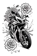 sportbike on country road with a motorcycle chain sprockets music and roses tattoo design idea