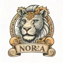 lion, hippo and pacifier on top of name Nora tattoo design idea