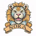 lion, hippo and pacifier on top of name Nora tattoo design idea