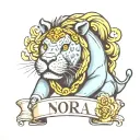 lion, hippo and pacifier on top of name Nora tattoo design idea