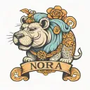 lion, hippo and pacifier on top of name Nora tattoo design idea