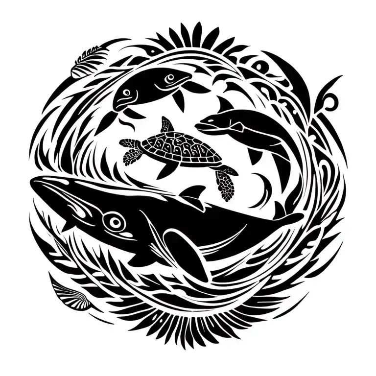Polynesian tribal ocean inspired design featuring iconic symbols like turtle, rays, fishes, whales, dolphins, seashells tattoo design idea
