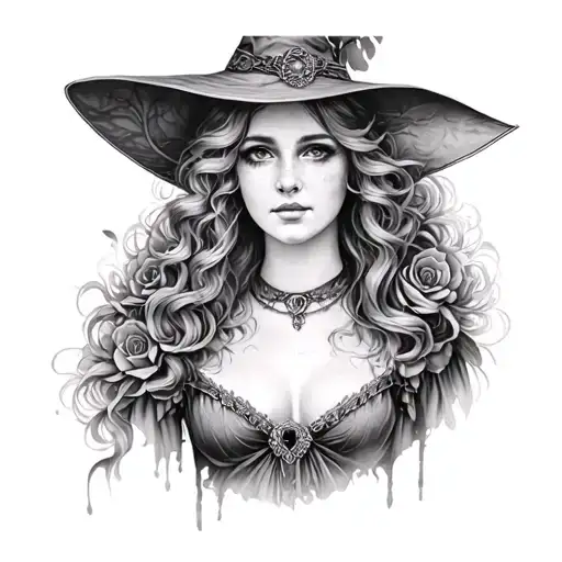 Black and white realistic tattoo with a very beautiful woman face with 3/4 nostalgic bucolic witch with Inten tattoo design idea