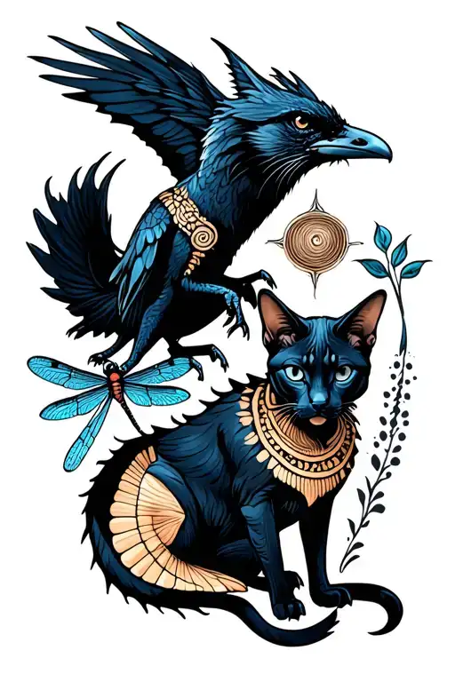 raven, dragon, wolf, dragonfly, Camino de Santiago shell, dot and sphinx cat tattoo design idea