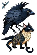 raven, dragon, wolf, dragonfly, Camino de Santiago shell, dot and sphinx cat tattoo design idea