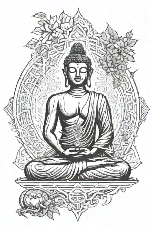 Buddha with the aum sign in his hand, sitting, meditating in front of the tree of life with branches and roots, surround tattoo design idea