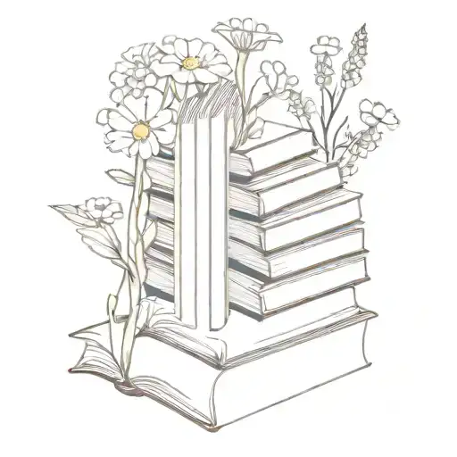 Stack of books with one on top open and with blank pages, surrounded by snapdragons and small daisies tattoo design idea