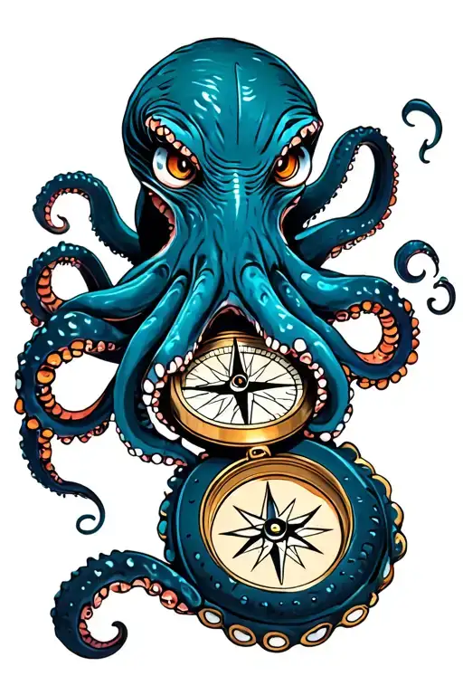 angry kracken octopus in ocean with nautical compass in middle with tentacles out wide tattoo design idea