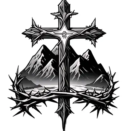 cross and mountains and crown of thorns tattoo design idea
