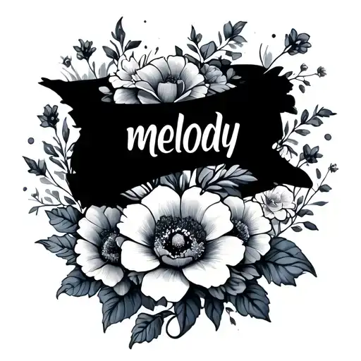 the name melody with flowers and a cool font surrounded but manly tattoo design idea