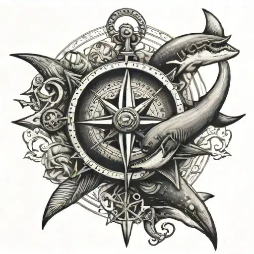 anchor, shark, compass rose with intricate details tattoo design idea