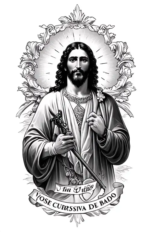 San Judas Tadeo with the name of José Victor Cursiva de Bajo tattoo design idea