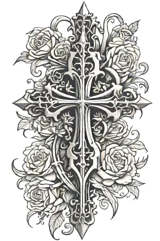 Chrome hearts cross with slight roses and crown of thorns tattoo design idea