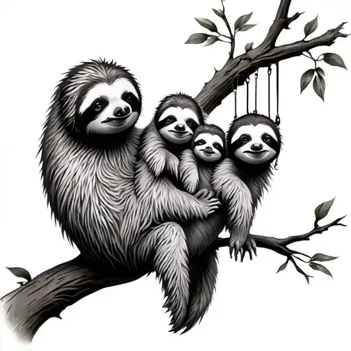mom sloth with three babies hanging from tree branch tattoo design idea