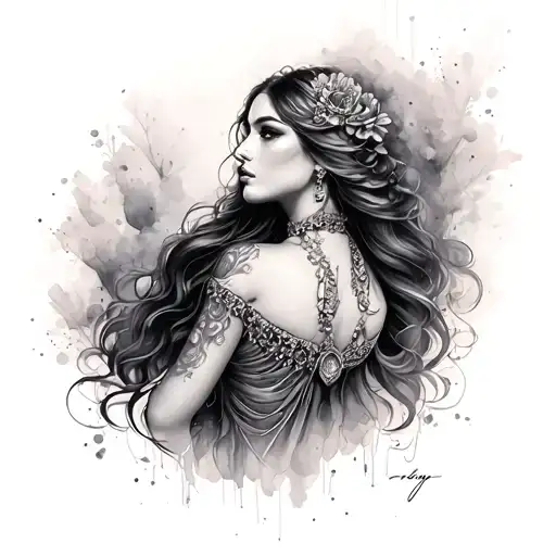 Beautiful woman long hair with jewelry and great details with the watercolor in black and gray tattoo design idea