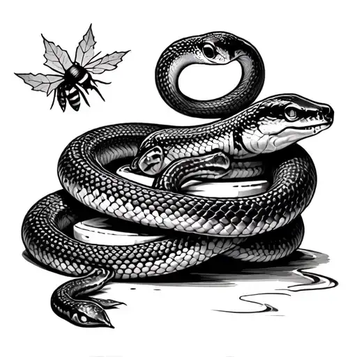 a snake wrapped around a stack of panckes with a bee flying next to it and a maple leaf in the back ground tattoo design idea