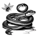 a snake wrapped around a stack of panckes with a bee flying next to it and a maple leaf in the back ground tattoo design idea