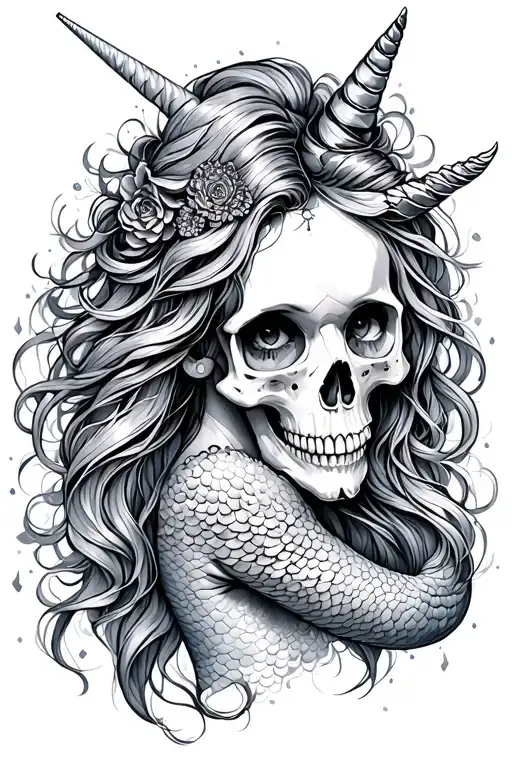 mermaid, unicorn, skull tattoo design idea