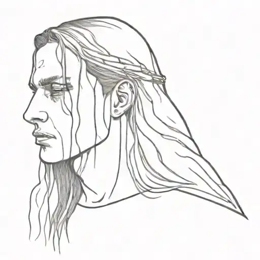 A black metal singer face with long hair, 45 degree side with a little church burning on his head IN BLACK AND WHITE tattoo design idea