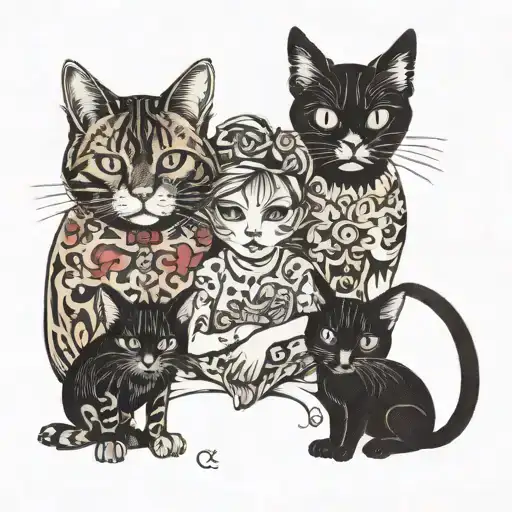 Father mother daughter as a family, with two pets a red tomcat and a black cat tattoo design idea