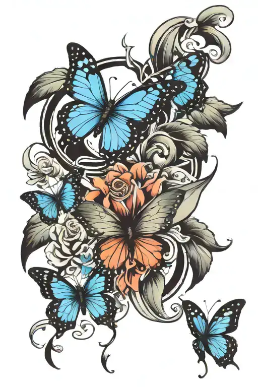 half sleeve. incorporate blue 3 butterflies, 2 small and one larger. incorporate a musical aspect. tattoo design idea