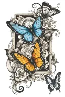 half sleeve. incorporate blue 3 butterflies, 2 small and one larger. incorporate a musical aspect. tattoo design idea