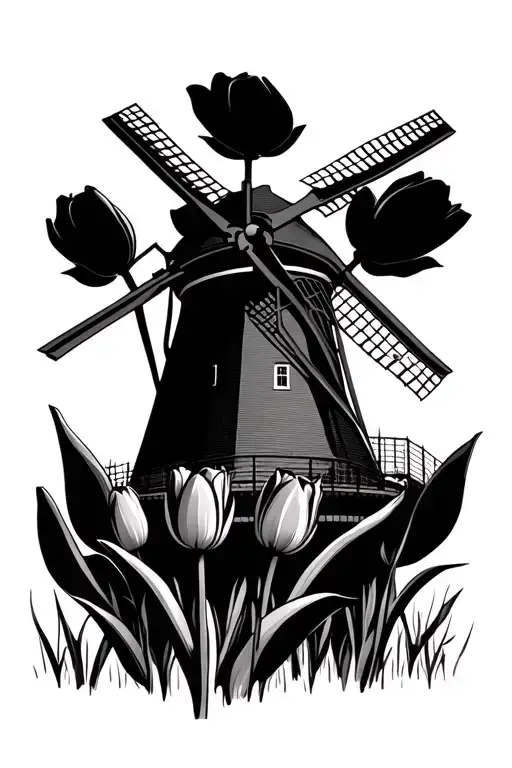Amsterdam windmill and tulips black and grey tattoo design idea