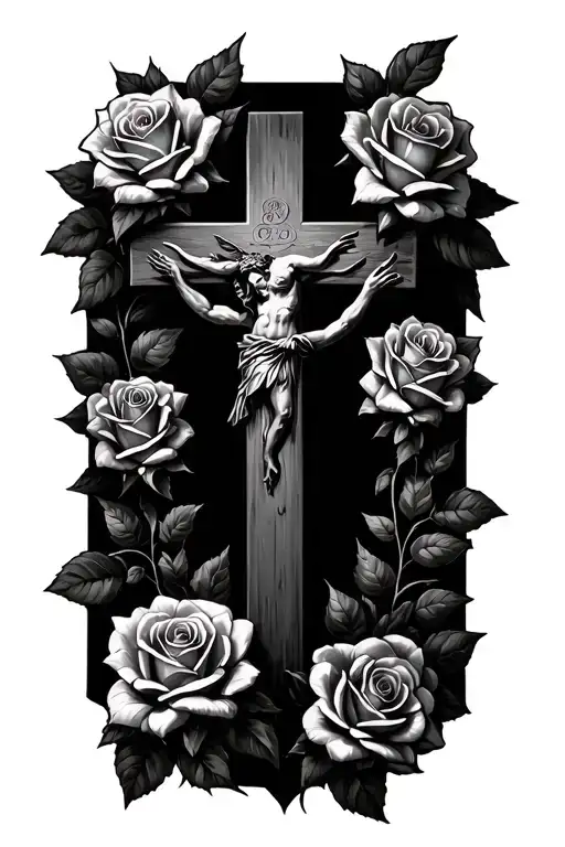 cross with roses blooming and Romans 8:18 on top tattoo design idea